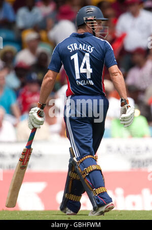 England captain Andrew Strauss walks off after being caught out by West Indies' Chris Gayle during the One Day International match at the Kensington Oval, Barbados. Stock Photo