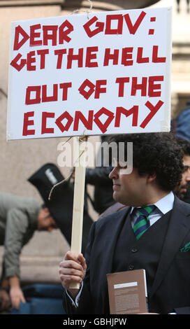 A protester outside Bank underground station during the G20 protests in the centre of London. Stock Photo