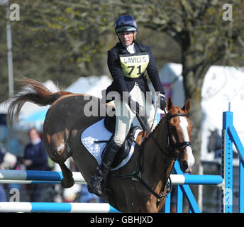 Zara Phillips on her horse Toytown during the show jumping phase in the Somerley Park International Horse Trials near Ringwood. Toytown is back from injury and it was recently announced that Zara Phillips will ride the horse in the Badminton Horse Trials next month. Stock Photo