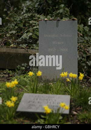 A view of the grave of writer Douglas Adams (1952-2001), who wrote The Hitchhikers Guide to the Galaxy, in Highgate Cemetery East in Highgate, north London. Stock Photo