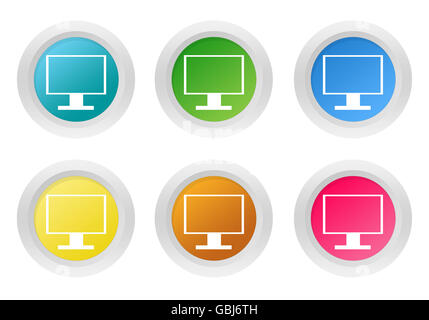 Set of rounded colorful icons with tv screen or computer monitor symbol in blue, green, yellow, red and orange colors Stock Photo