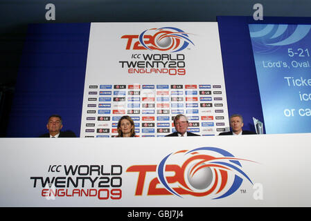 (Left to Right) England national selector Geoff Miller, England women's captain Charlotte Edwards, managing director of England Cricket Hugh Morris and the ICC World Twenty20 tournament director Steve Elworthy during a press conference at Lord's Cricket Ground, London. Stock Photo