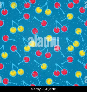 seamless pattern with ripe cherries symbols over blue background. vector textile print ornament. fashion, grunge wallpaper cool Stock Vector