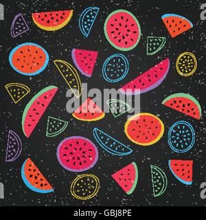 seamless pattern with ripe watermelon symbol over black background. vector textile print ornament. fashion, grunge wallpaper coo Stock Vector