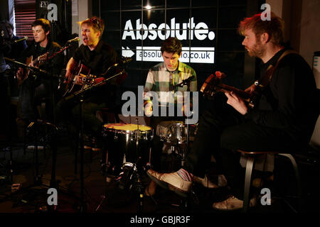 Franz Ferdinand perform for a Geoff Lloyd Hometime Session, to be aired 7pm Thursday April 9, in the Absolute Radio Zoo, at Golden Square in central London. Stock Photo