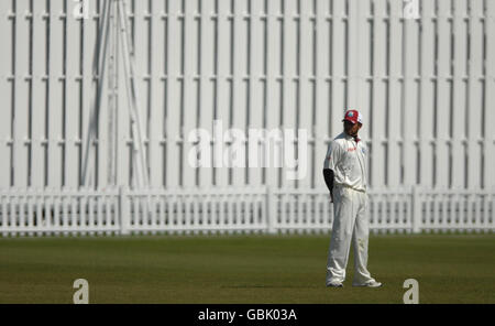 West Indies captain Ramnaresh Sarwan stands alone in the outfield during the Three Day Tour match at Grace Road, Leicester. Stock Photo