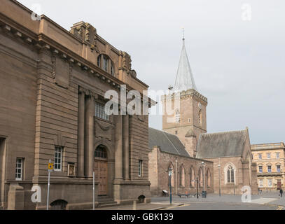 St John's Kirk overshadowed by Perth City Hall,Perth,Scotland,UK, Stock Photo