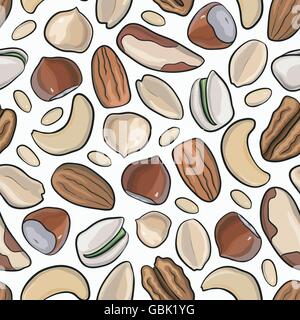 Vector seamless pattern nuts. hazelnut, almonds, peanuts, walnut, cashew, pine nut, pistachios, pecan Stock Vector