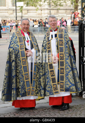 The Dean of Westminster the Very Rev Dr John Hall, left, and Sub Dean Rev Robert Wright await the arrival of The Queen at Westminster Abbey for a service to commemorate the 500th anniversary of the Founder of the Queen's Body Guard of the Yeoman of the Guard. Stock Photo