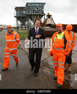 Conservative Leader David Cameron meets Mersey dock workers during his visit to NW Trading in Birkenhead, Wirral. Stock Photo