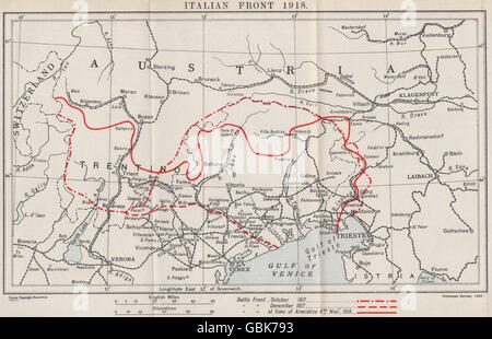 FIRST WORLD WAR: Italian Front, 1917-1918. Battle lines. Italy, 1937 old map Stock Photo