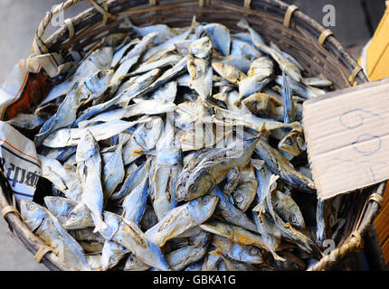 Dried fish in a basket, market, Kandy, Central Province, Sri Lanka Stock Photo