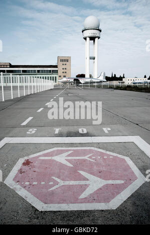 Radar tower, old aircraft and markings, stop and air traffic, on the grounds of the former Tempelhof Airport, Berlin Stock Photo