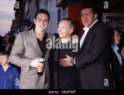 Stars of the film Tamer Hassan (right) and Danny Dyer (left) with the director Steve Kelly, arriving for the premiere of City Rats - during the East London Film Festival - at the Genesis cinema in east London. Stock Photo