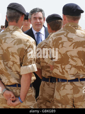 Prime Minister Gordon Brown (centre left) meets British soldiers at Camp Bastion in Helmand Province, Afghanistan. Stock Photo