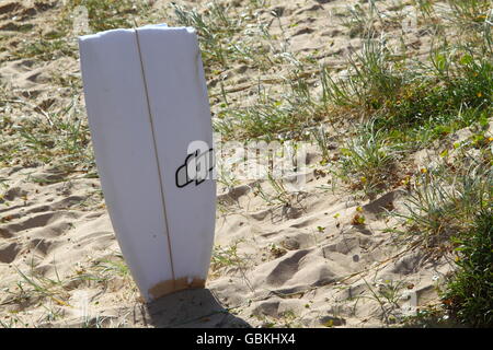A section of a broken surfboard stuck into the beach sand after breaking in the big surf at Sandon Point, Bulli, NSW, Australia. Stock Photo