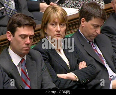 (left to right) Culture, Media and Sport Secretary Andy Burnham, Home Secretary Jacqui Smith and International Development Secretary Douglas Alexander listen to Prime Minister Gordon Brown's speech during Prime Minister's Questions in the House of Commons, London. Stock Photo