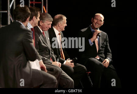 Former England rugby captain Lawrence Dallaglio, far right, speaks during a question and answer session with, from left former England rugby player and Strictly Come Dancing contestant Austin Healey, former England rugby player Will Greenwood and England's 1966 football World Cup winning team members Martin Peters and Sir Geoff Hurst during the Bombardier sponsored St George's Day Long Lunch, which took place at The Brewery in London. Stock Photo