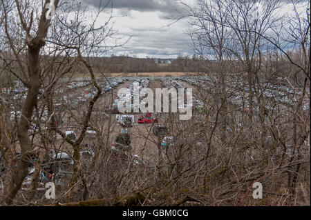 overview of scrapyard/junkyard through leafless trees Stock Photo