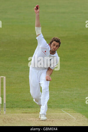 England Lions' Liam Plunkett bowls against the West Indies Stock Photo