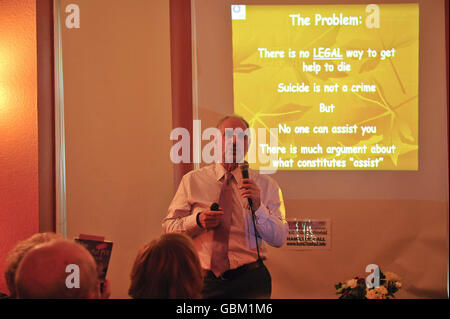 Controversial euthanasia activist Dr Philip Nitschke, dubbed Dr Death, during his suicide workshop presentation at Hamilton Hall Hotel, Bournemouth. Stock Photo