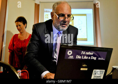 Controversial euthanasia activist Dr Philip Nitschke, dubbed Dr Death, prepares for his suicide workshop presentation at Hamilton Hall Hotel, Bournemouth. Stock Photo