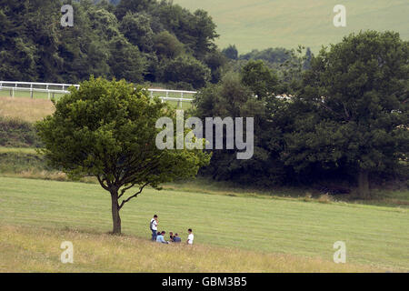 Horse Racing - Epsom Races. Punters relax in the centre of the race course Stock Photo