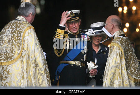 The Prince of Wales and The Duchess of Cornwall leave St Paul's Cathedral in London after a Service of Thanksgiving, to commemorate the 100th anniversary of Naval aviation. Stock Photo