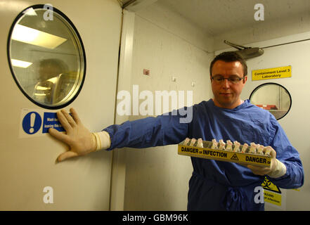 A scientist handles viral samples at the West of Scotland Specialist Virology Centre at the Gartnavel General Hospital, Glasgow, where they have been testing flu samples for traces of swine flu. Stock Photo