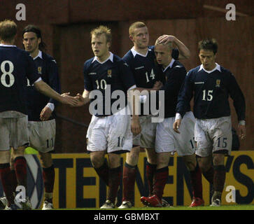 Scotland Leigh Griffiths (17) celebrates scoring during the Tennents B International Challenge match at Broadwood Stadium, Cumbernauld. Stock Photo