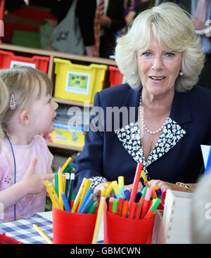 Camilla, Duchess of Cornwall talks to pupils as she visits the new Bellefield Church of England Primary and Nursery School in Trowbridge, Wiltshire. Stock Photo