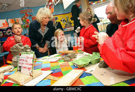 Camilla, Duchess of Cornwall talks to pupils as she visits the new Bellefield Church of England Primary and Nursery School in Trowbridge, Wiltshire. Stock Photo