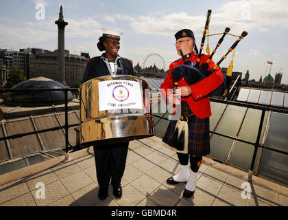 Dianna Pierre of the Trinidad and Tobago Defence Force of the world's only military steel orchestra and Pipe Sergeant Gilbert Young of the Royal Canadian Mounted Police Band on the roof of Canada House, London ahead of their performance at the Windsor Castle Royal Tattoo between May 13th to 17th. Stock Photo