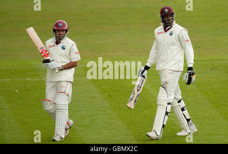 West Indies batsmen Ramnaresh Sarwan and Chris Gayle leave the field as bad light stops play during the Second npower Test Match at the Riverside, Chester-Le-Street, Durham. Stock Photo