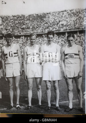 Olympics - Britain's Oldest Olympian Godfrey Rampling celebrates his 100th Birthday - Bushey House. A collect picture showing Godfrey Rampling (second right) competing in the 1936 Berlin Games. Stock Photo