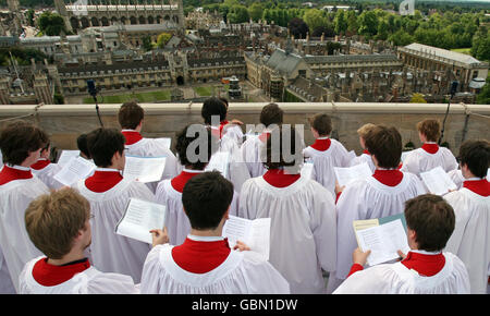 St John's College Chapel Choir perform an Ascension Day Hymn on the roof of St John's Chapel in Cambridge. Stock Photo