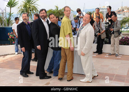 (Left -right) Ed Catmull, President Walt Disney Pixar Animation Studios, Bob Peterson, Director, Jonas Rivera, producer, Pete Docter, Director and John Lasseter at the photocall the film Up, during The Cannes film Festival. They were seen at the Palais de Festival in Cannes, France. Stock Photo