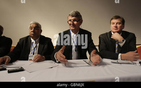 Deputy President of the South African Rugby Union Mark Alexander, Former Captain Morne Du Plessis and advisor Rian Oberholzer speak to the media during the Rugby Union World Cup 2015/2019 Tender Presentation at the Royal College of Physicians of Ireland, in Dublin. Stock Photo