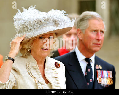 The Prince of Wales and the Duchess of Cornwall leave Westminster Abbey in central London, after attending a service of Commemoration, Celebration and rededication to mark the 90th anniversary of the organisation, combat stress. Stock Photo