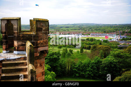 A view of England playing the West Indies, as seen from Lumley Castle, during the Second npower Test Match at the Riverside, Chester-Le-Street, Durham. Stock Photo