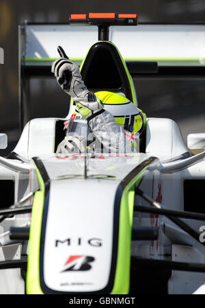 Brawn GP's Jenson Button celebrates his victory during Monaco Grand Prix at the Circuit de Monaco, Monte Carlo, Monaco. Stock Photo