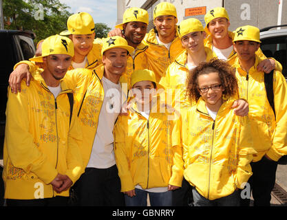 Britain's Got Talent winners, dance group Diversity, (left to right, front row). Jamie McNaughton, Ian McNaughton, Mitchell Craske, Perri Luc Kiely (back group, left to right) Warren Russell, Ike Ezekwugo, Ashley Banjo, Sam Craske, Terry Smith and Matthew McNaughton at The London Studios on the South Bank. Stock Photo