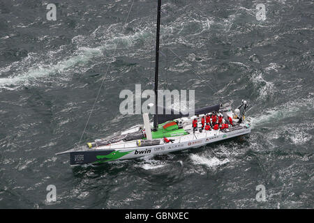 Volvo Ocean Race leaves Galway. The Green Dragon taking part in the Volvo Ocean Race after leaving Galway harbour after a two week stop over. Stock Photo