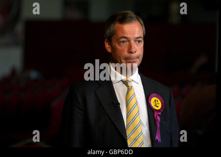 Leader of the United Kingdom Independence Party (UKIP) Nigel Farage at the count for the European Parliamentary Election in the south east, at Saint Mary's Stadium, Southampton. Stock Photo