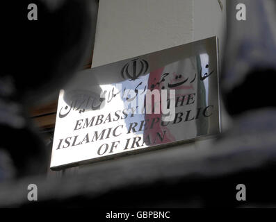 Close-up view of signage outside the Iranian Embassy in London, during a rally following the election in Iran. Stock Photo