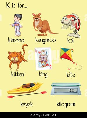 Many words start with letter K illustration Stock Vector