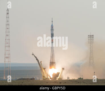 The Russian Soyuz MS-01 spacecraft launches to the International Space Station carrying Expedition 48 crew from the Baikonur Cosmodrome July 7, 2016 in Kazakhstan. American astronaut Kate Rubins, Russian cosmonaut Anatoly Ivanishin and Japanese astronaut Takuya Onishi will spend four months on the orbital complex. Stock Photo