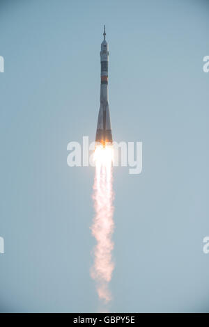 The Russian Soyuz MS-01 spacecraft launches to the International Space Station carrying Expedition 48 crew from the Baikonur Cosmodrome July 7, 2016 in Kazakhstan. American astronaut Kate Rubins, Russian cosmonaut Anatoly Ivanishin and Japanese astronaut Takuya Onishi will spend four months on the orbital complex. Stock Photo