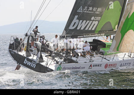 The crew of Green Dragon during the in-port race in Galway Bay as part of the Volvo Ocean Race. Stock Photo