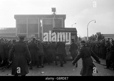 General scenes at the Saltley Coke Depot in Birmingham, as the miners attempt to close the depot down during their strike. A speech by a Yorkshire Miner's activist, Arthur Scargill, persuaded tens of thousands of Birmingham-based workers to come out on strike in sympathy with the miners and many of them joined the picket lines at Saltley. This meant that they outnumbered the huge police presence and the gates of Saltley were shut at last. Stock Photo